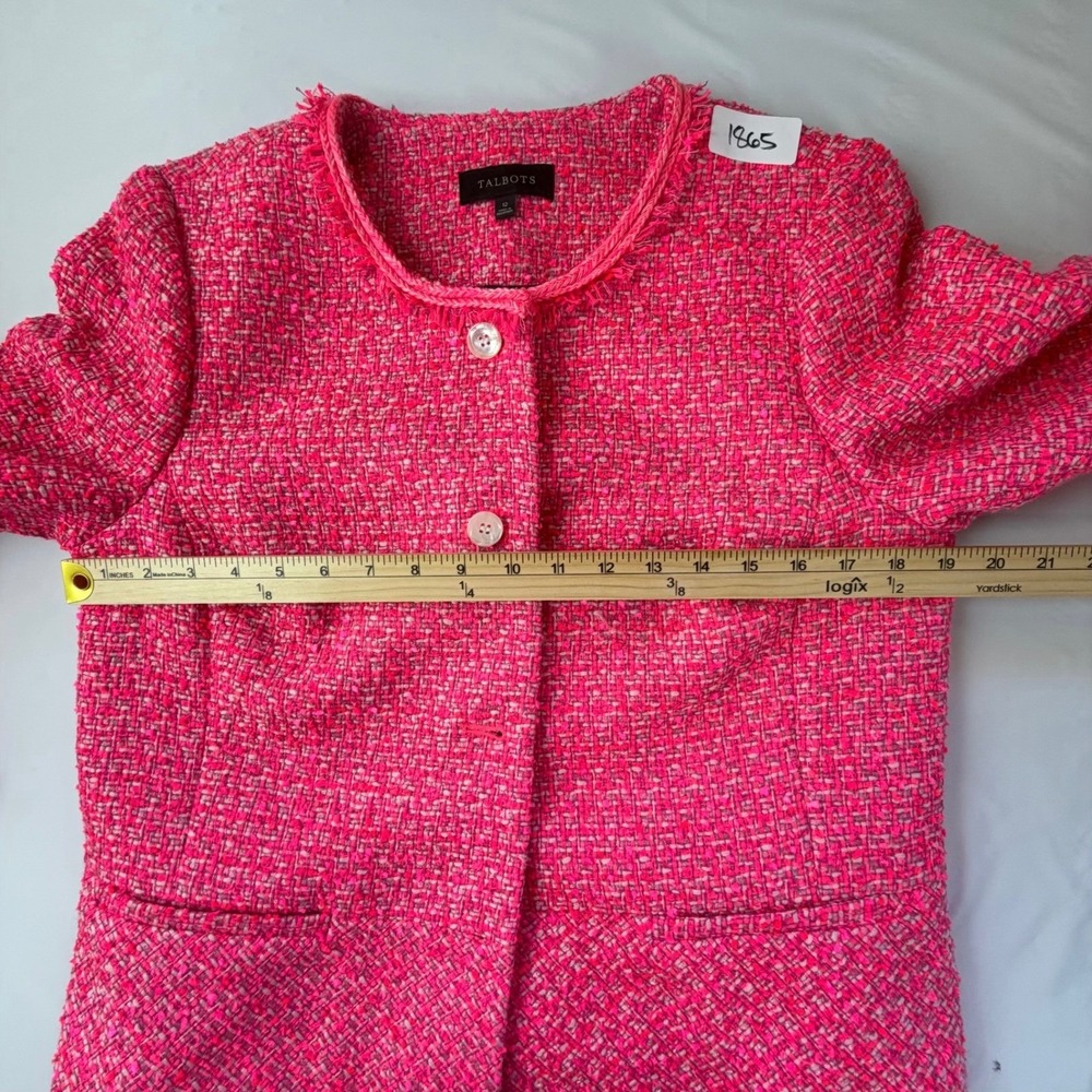 Talbots Tweed Blazer Womens 12 Pink Fringe Trim Button Front Peplum Jacket - Picture 9 of 10